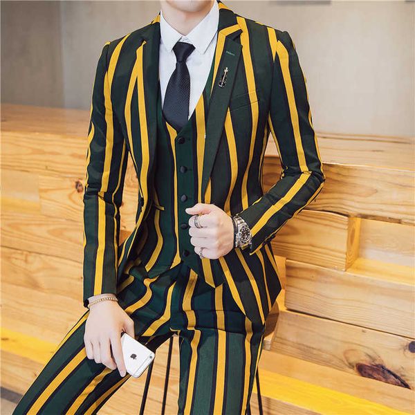 2018 Homens Slim Fit Lazer Blazer Jaqueta, Vestuário de Marca Fase Terno Mens Plus Size High-End Luxo Homens Striped Sets Conjuntos 3xL X0909