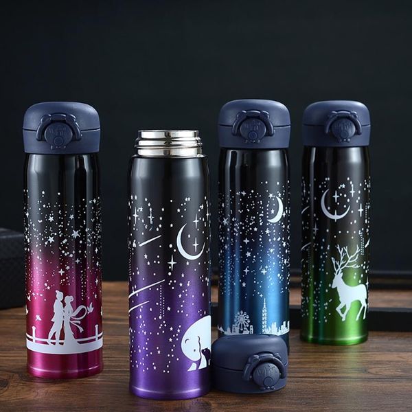 

water bottles 500ml stainless steel double wall luminous starry sky vacuum flask cup coffee tea milk travel