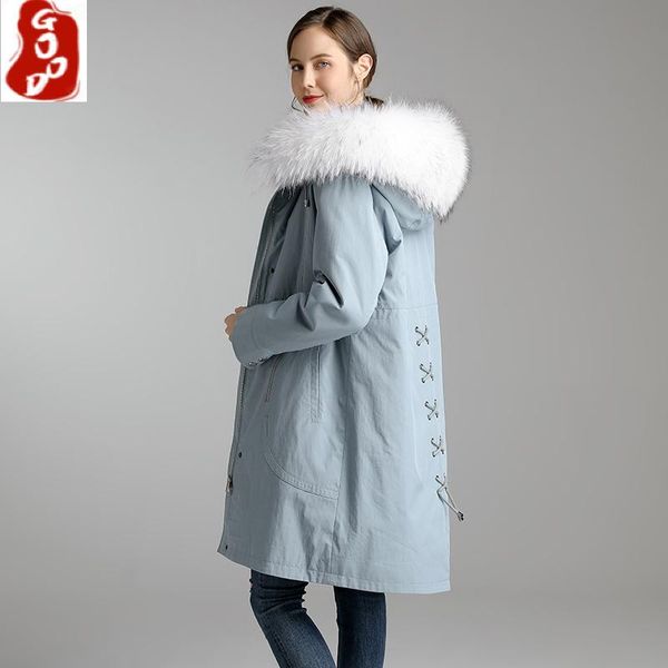 

women's fur & faux winter clothes women coat female natural raccoon hooded rex long woman parkas 2021 b9116, Black