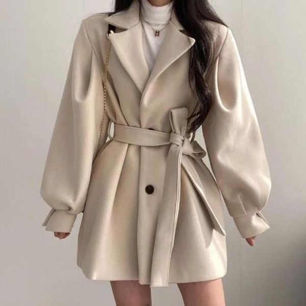 

women's wool & blends office lady fashion korean chic autumn winter loose wind coat woolen suit collar medium long short women, Black