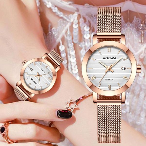 

wristwatches 2021 crrju japan movement women watches charm rose gold ladies wristwatch waterproof date quartz girl clock, Slivery;brown