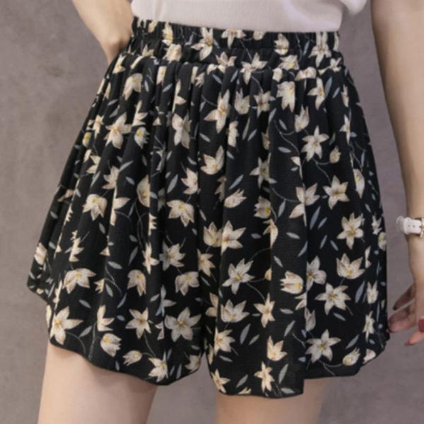 

summer floral print chiffon shorts women elastic waist loose large size lady soft comfortable wear short women's, White;black