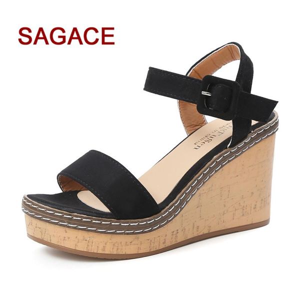 

fashion women fish mouth platform high heels wedge sandals buckle slope, Black