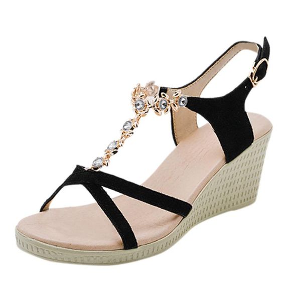 

women sandals platform 2021 open toe breathable wedges thick bottom buckle strap shoes roman, Black