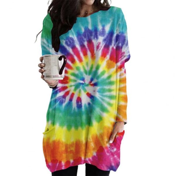 

casual dresses loose women mini dress festive tie dye print pockets o-neck long sleeve autumn ladies sweatshirt streetwear, Black;gray