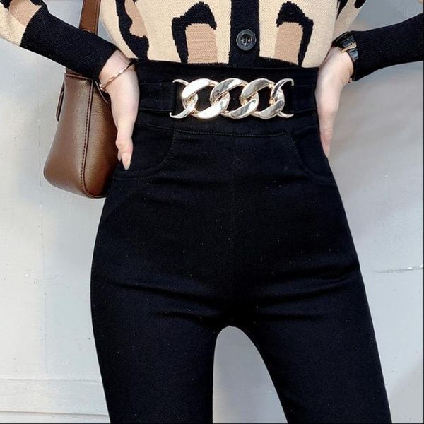

winter arrival high waist women pants gold chain decoration elastic slim black pencil, Black;white