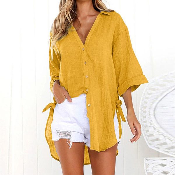 

women's blouses & shirts large size clothes for women lace-up button lapel shirt loose side knotted long sleeve female blusas mujer de, White