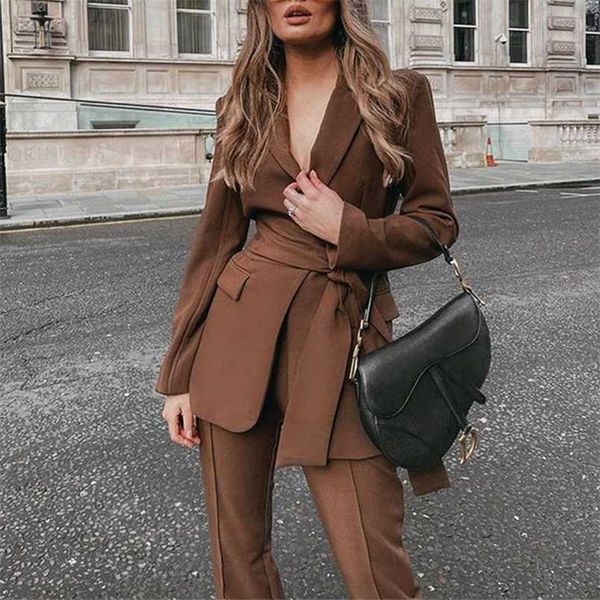 Frauen Herbst Umlegekragen Blazer + Lange Hosenanzug Elegante Bürodame Zweiteilige Outfits Winter Solide Streetwear Vintage Set 211109