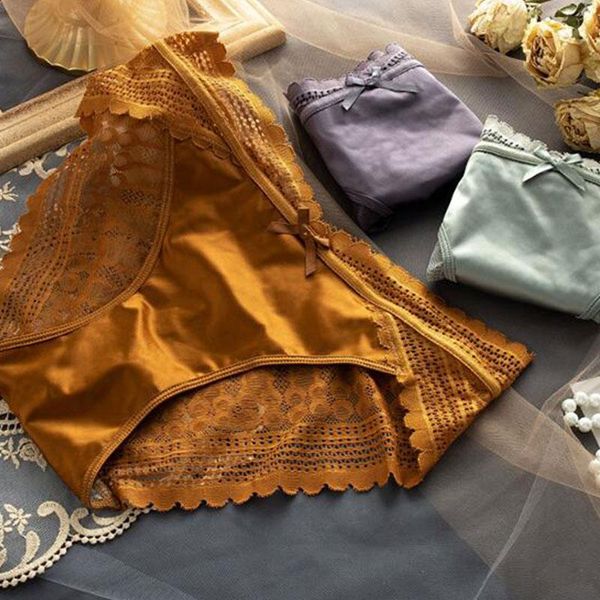 

women's panties lace women low-rise ruffles bow seamless underwear female solid color silk briefs lingerie large size underpants, Black;pink