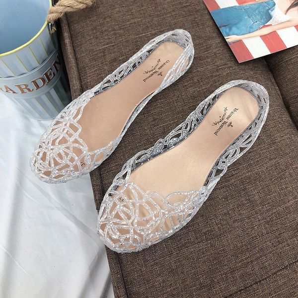 

women jelly sandals 2021 summer hollow out mesh crystal bling flat shoes slippers fashion casual breathable women's, Black