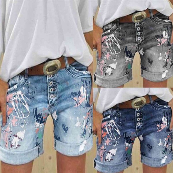 

high waisted embroidered shorts women jeans plus size casual summer straight cut chic pants for, Blue
