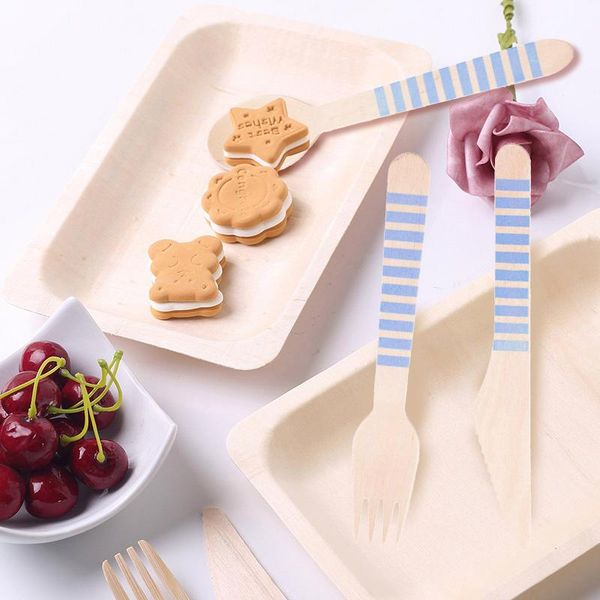 

disposable dinnerware 26pcs wooden tableware sets plates colorful stripe forks spoons knives party birthday wedding decoration favors eco