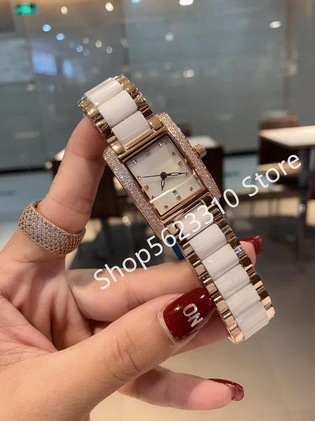 

wristwatches crystal quartz calendar wrist watch women white ceramic diamonds bezel mother of pearl shell dial watches 26mm, Slivery;brown