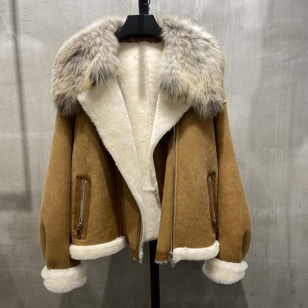 

women's fur & faux winter genuine sheepskin coat jacket with real collar 100% natural leather lamb liner female cloth, Black