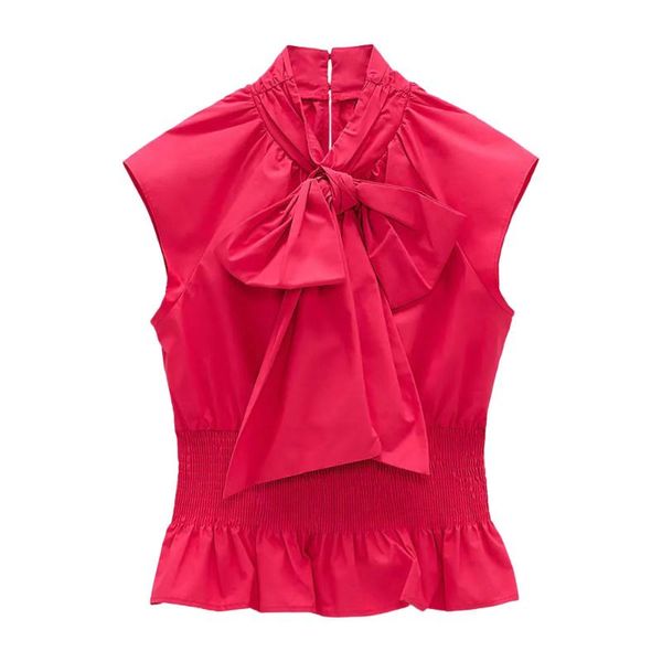 

spring european and american all-match women's sleeveless hedging lotus lace bow decoration poplin tanks & camis, White