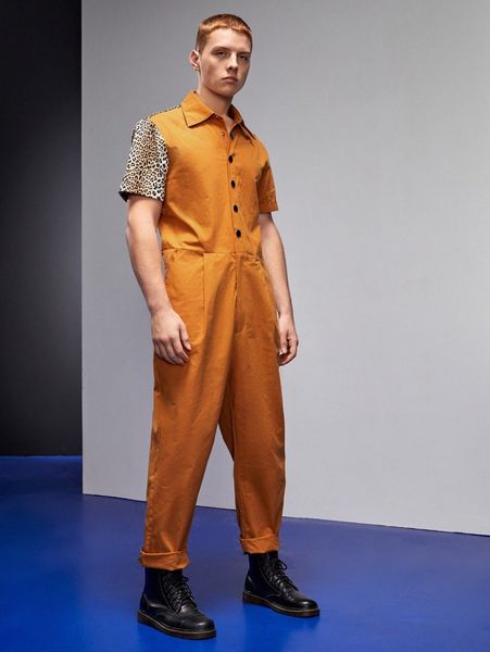 

x tokio fever men leopard panel slant pocket jumpsuit 13xh#, Gray