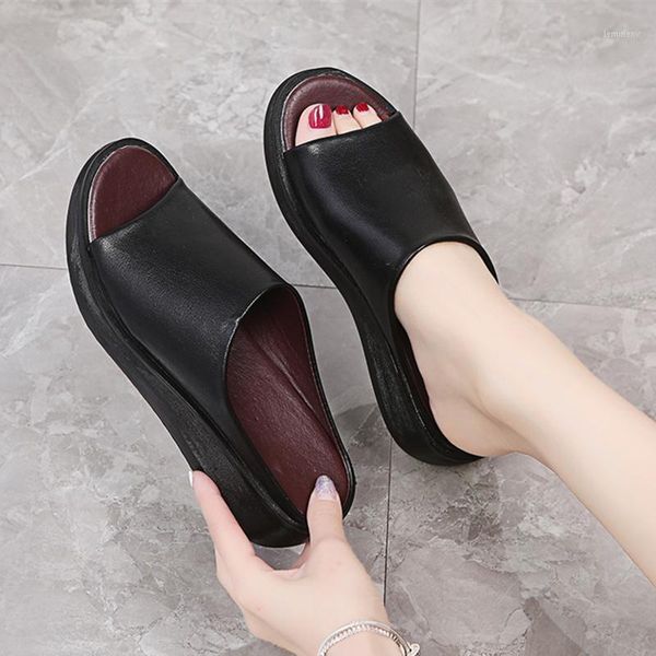 

slippers high-heeled shoes summer 2021 slope heel women thick bottom shoe of sponge cake retro rome casual sandals1, Black