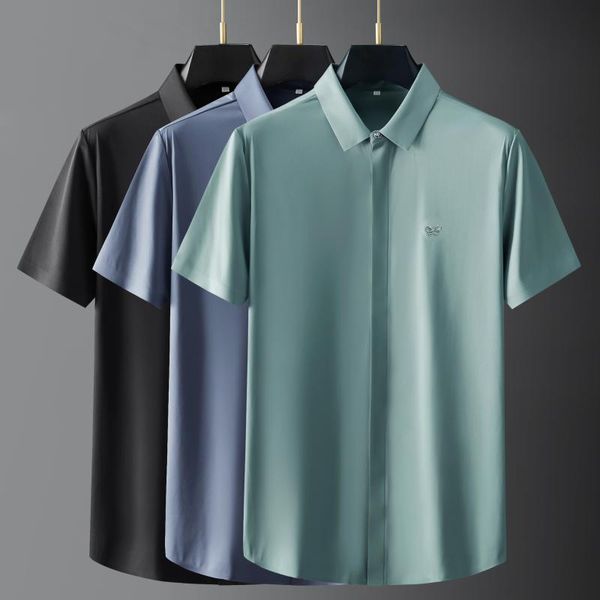 

men's casual shirts summer mens luxury short sleeve solid color embroidery soft silky male shrits fashion slim thin man 3xl, White;black