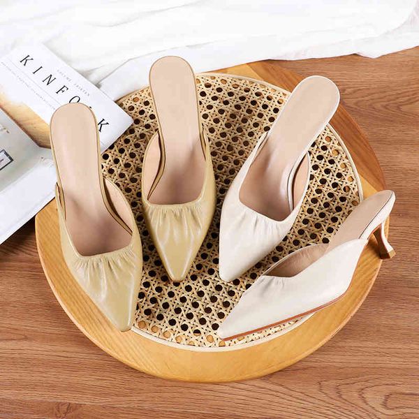 Frauen Pantoletten High Heels Schuhe Damen Plissee Slip On Sexy Solide Zitrone Beige Weiche Bequeme Spitze Zehen Elegante Pumps 210520