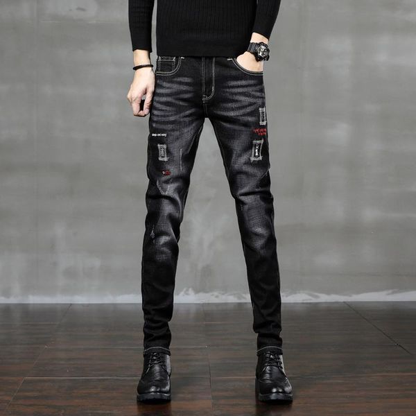 

men's jeans 2021 korean version of spring and autumn self-cultivation feet pants personality trendy brand black embroidery r, Blue
