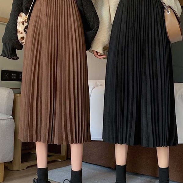 

surmiitro autumn winter thick suede velvet midi long pleated skirt women korean style mid-length high waist female 211214, Black
