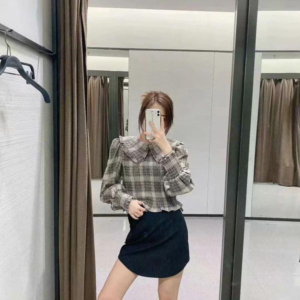 

women's blouses & shirts ladies long sleeve plaid printed shirt elastic casual girl youth blouse, White