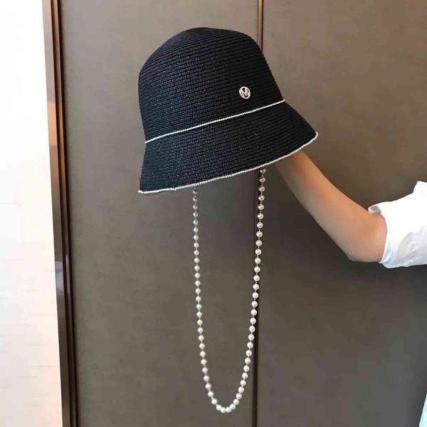 

summer pearl chain bucket basin cap for outdoor travel, Black;white