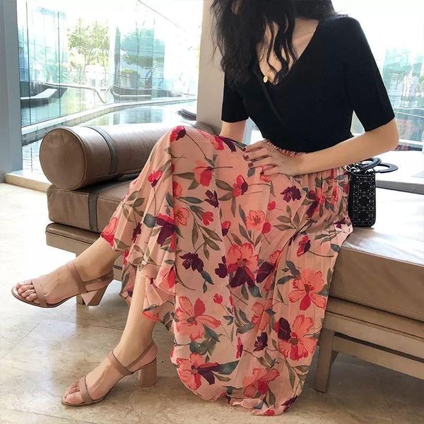 

skirts 2021 women spring summer chiffon floral maxi skirt lady slim a-line elastic high waist female vintage pleated faldas f468, Black
