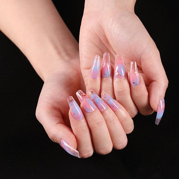 

false nails fake medium and long water color nail stickers finished 24 with glue fa, Red;gold