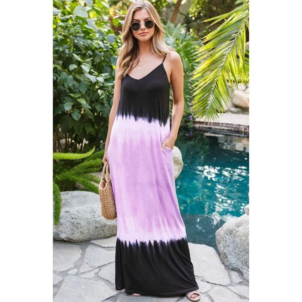 

summer bohemian beach dress women casual gradient color loose long dresses deep v-neck matched party, Black;gray