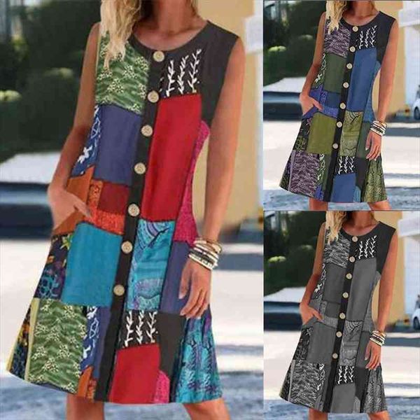 

summer fashion multi-casual commuter print round neck buttoned color block cardigan beach sleeveless dress, Black;gray