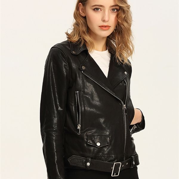 

biker leather jacket women slim short black fake faux moto outwear with belt 210430
