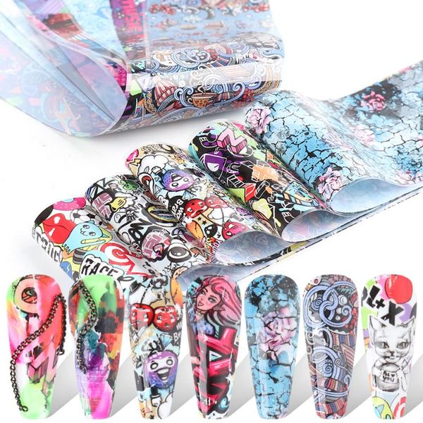 

stickers & decals 10pc street art nail foils transfer rolls abstract graffiti adhesive sticker full cover sliders nails henna decor be41, Black