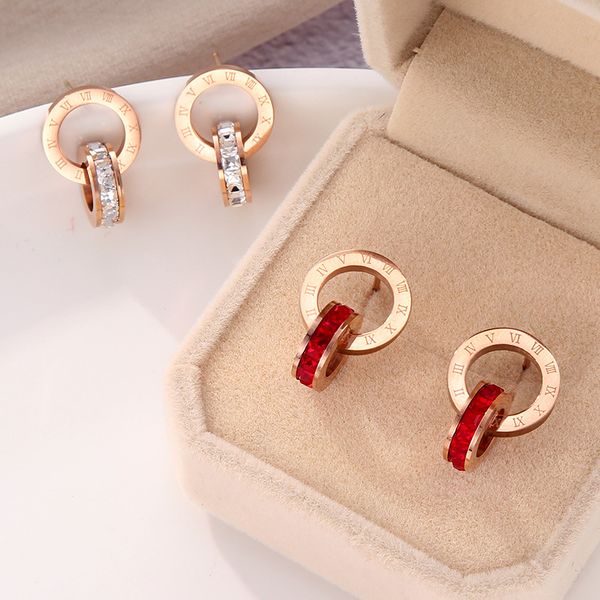 

crystal diamond stud earrings rose gold fashion titanium steel double wound roman numerals studs earring for women gift jewelry never fade n, Golden;silver