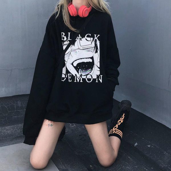 

women's hoodies & sweatshirts japanese ulzzang anime sweatshirt gothic cartoon horror dark big size harajuku women clothing punk street, Black