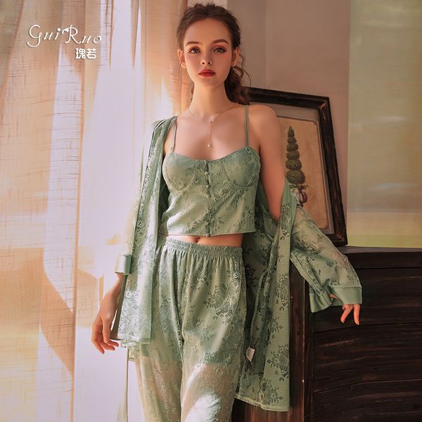 

spring and summer new guiruo printing suspender lace pants two piece home suit 939, Black;red