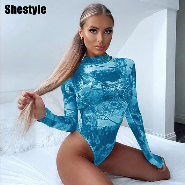

shestyle women bodysuits mesh strectchy dragon printed see through mock neck spring new body wholesale stylish 2021by, Black;white