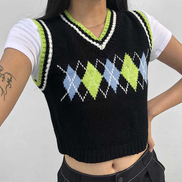 

argyle plaid knitted tank female streetwear preppy style clothes stripe vneck cropped knitwear 90s sweater vest 210527, White