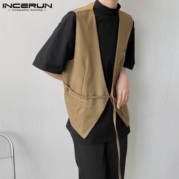 

men's vests 2021 fashion men sleeveless v neck solid color lace up streetwear loose waistcoats casual thin outerwear s-5xl incerun, Black;white