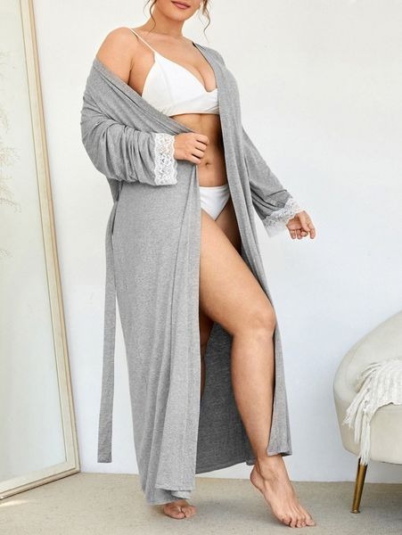 

plus lace trim belted sleep robe without lingerie p9ay#, Black;white