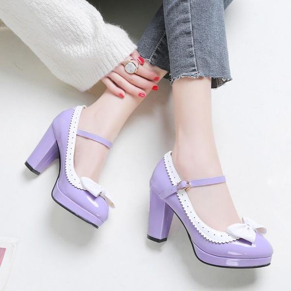 

dress shoes 2021 women thick heel round head patent leather white high rhinestone platform all match small bie size 32 48, Black