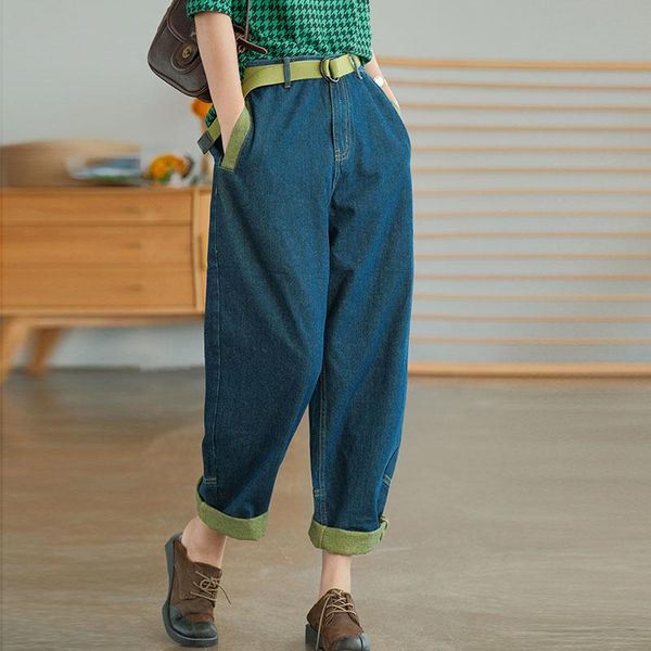

women's jeans nini wonderland 2021 autumn cotton denim harem pants spring women elastic waist casual embroidered blue with belt