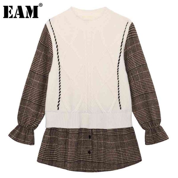 

[eam] women white knitting plaid spliced blouse round neck long sleeve loose fit shirt fashion spring autumn 1dd6898 21512