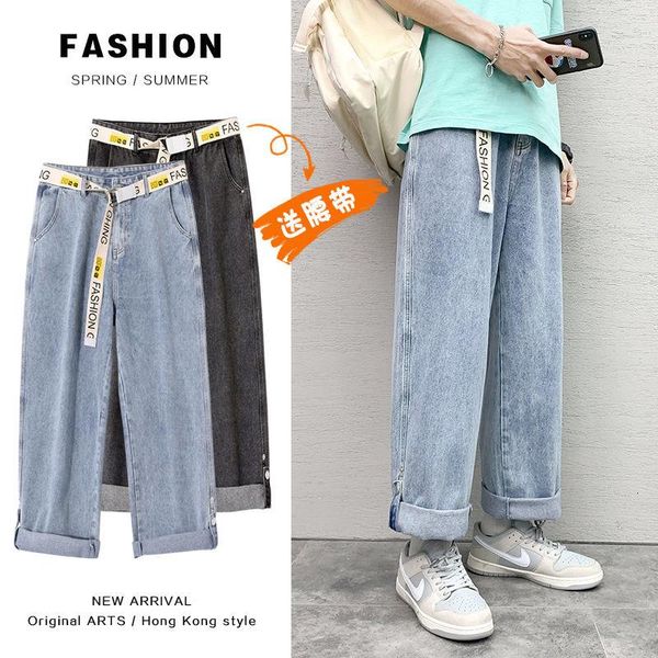 

men's jeans summer wash retro streetwear casual loose sports denim pants trend all-match straight wide-leg cropped trousers with belt, Blue