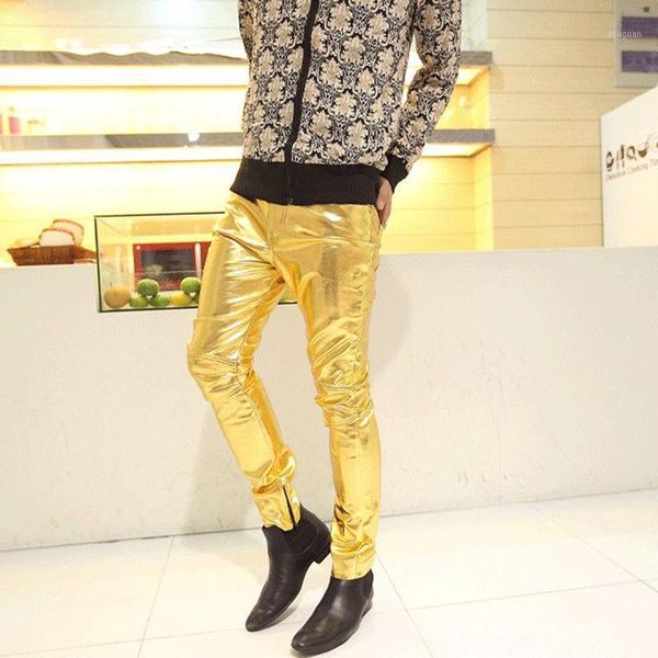 

fashion men street wear pants pencil trousers cosplay stage performance slim fight skin faux leather men's, Black