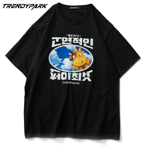 T-shirt dos homens Coreano Impresso Verão de Manga Curta Tee Hip Hop Oversized Algodão Casual Harajuku Streetwear Top Camisetas Roupas 210601