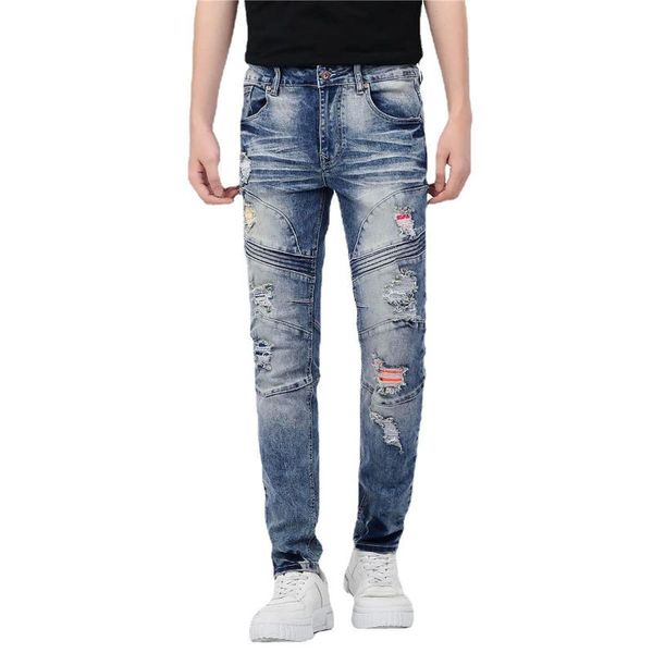 

men's jeans skinny slim fashion ripped straight holes hip hop biker stretchy, Blue
