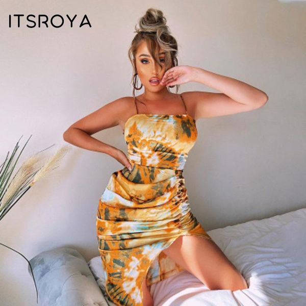 

casual dresses itsroya yellow print beach midi dress women spaghetti strap backless ruched split loose summer vestidos, Black;gray