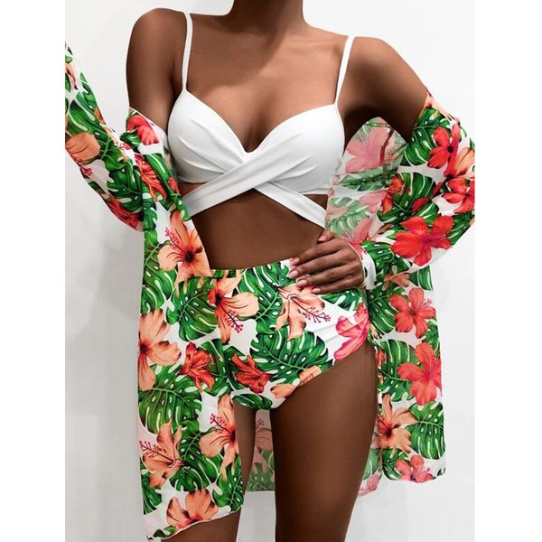 

printed bikini beach cover up women high waist swimsuit female 2021 three pieces bikini set cross push up bathing suit swimin