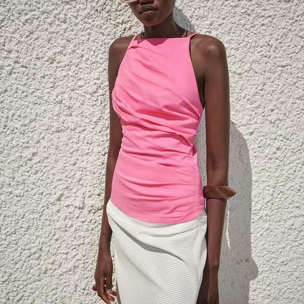 

summer solid linen women cami za sleeveless backless halter female fashion street slim off shoulder top, White